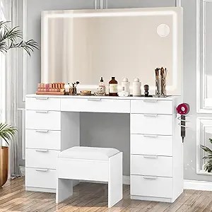 DWVO Makeup Vanity Set with LED Mirror and Charging Station, Modern Vanity Desk with 11 Drawers and Storage Stool, 3 Adjustable Lighting&nbsp;Modes